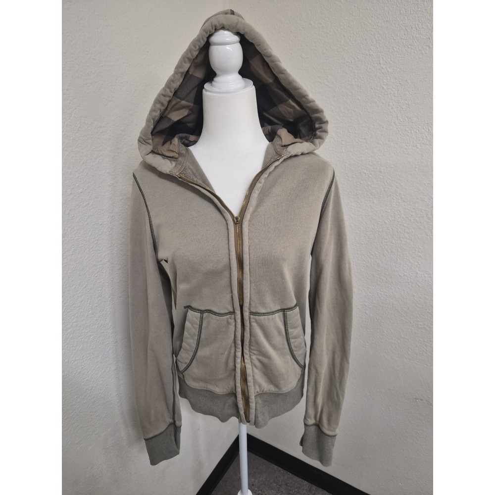 BURBERRY BRIT Women's M  tan Plaid Zip Up Hoodie Sweatshirt Jacket distressed